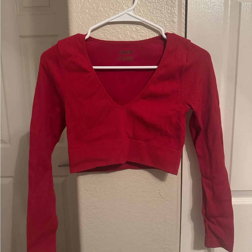 Garage Red Ribbed Long Sleeve Crop Top